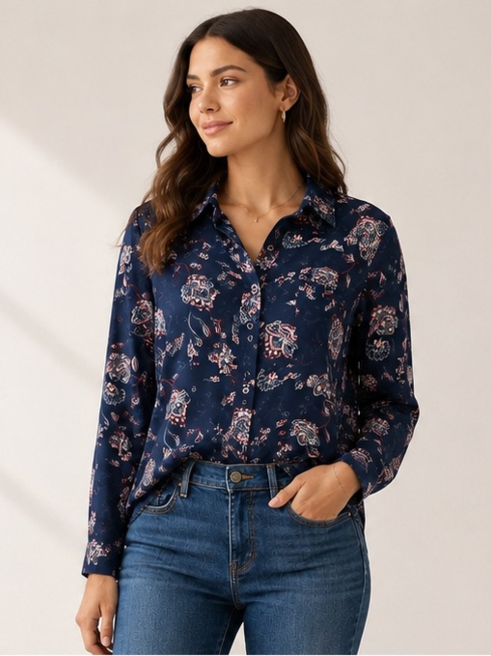 Reitmans The Classic Navy Floral Button Down Tunic Blouse XXL